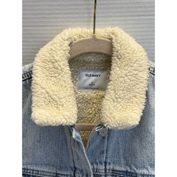 Old Navy Womens Denim Jacket Petite SM Sherpa Lining Flap Pockets Western - Picture 7 of 14